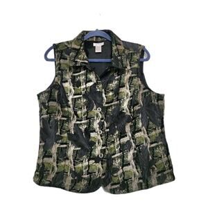 Vintage Reversible Tapestry Button Up Vest Women L Green Fall Leaves Boho Hippie